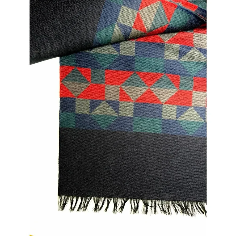 Vintage Wool Long Scarf Geometric Red Blue West Germany Men's Women's Winter